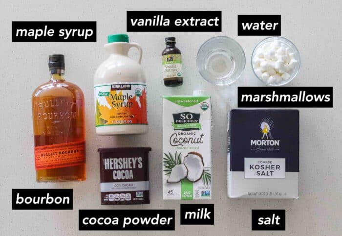 bourbon, cocoa powder, milk, salt, marshmallows, water, vanilla extract, maple syrup with text overlay