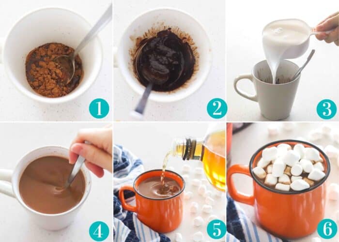 cocoa powder and water in a white mug with a silver spoon, cocoa powder and water mixed together in white mug, milk being poured into white mug, hand stirring milk into cocoa powder in white mug, bourbon pouring into an orange mug of hot cocoa, orange mug of hot chocolate with marshmallows on top