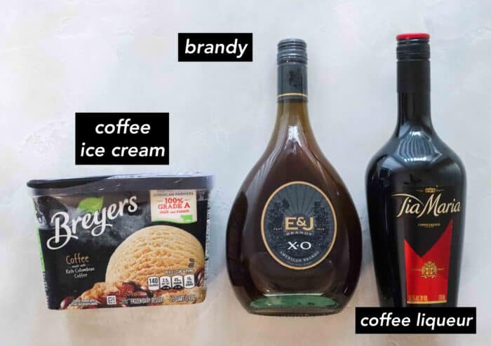 coffee ice cream, brandy, Tia Maria with text describing each on top