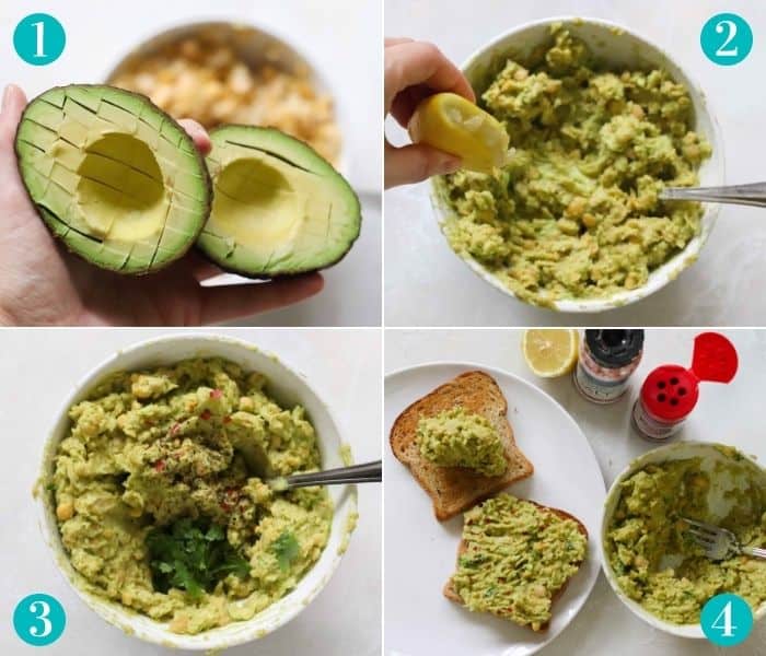 collage of four photos with one hand holding a cut open avocado over a bowl of chickpeas; hand squeezing a lemon over a white bowl of mashed avocado and chickpeas; white bowl of avocado chickpeas mashed with cilantro and spices; white plate with two pieces of toast topped with avocado and chickpeas with a bowl of mashed chickpeas and avocado, cut lemon, salt, red pepper flakes