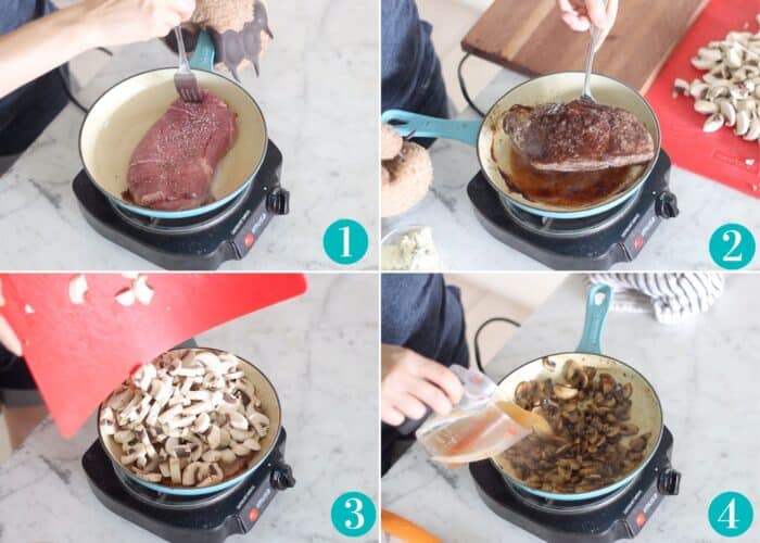 collage with four photos. first photo is of a steak cooking in a small blue skillet, second photo is a cooked steak being removed from the small skillet. third photo is mushrooms being transferred from a red cutting mat into the small skillet. fourth photo is beef broth being poured into mushrooms