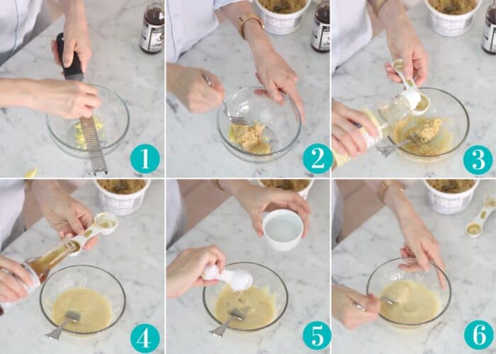 six photo collage with hands grating ginger into a clear bowl, hands stirring together grated ginger and miso paste, hands adding vinegar to bowl, hands adding sesame oil to bowl, hands adding water to bowl, and hands stirring the miso sauce together