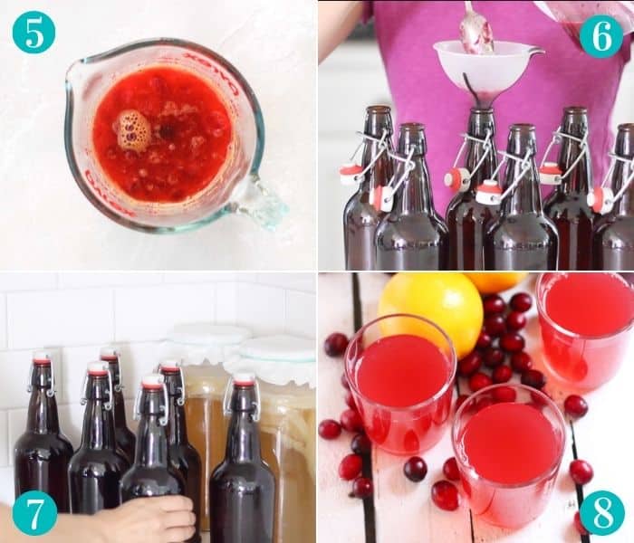 collage of photos with the first photo showing a cranberry-orange mixture in a measuring glass, the second photo shows a person transferring the mixture into amber flip-top glass bottles, the third photo shows a person pushing the filled glass bottles into a corner in the kitchen near other bottles, and the fourth photo shows three glasses of cranberry kombucha