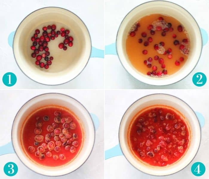 collage of photos with a blue saucepan that has fresh cranberries and water, the second photo has fresh cranberries, water, and juice in the saucepan, the third photo has the mixture cooked, the fourth photo shows the mixture cooked down even more