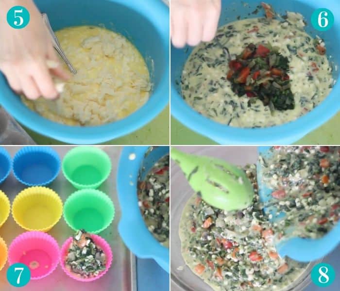 four photo collage with first photo of hand stirring eggs and cheese, second photo of vegetables being added to the eggs, third photo is the mixture being transferred to silicone muffin molds, fourth photo is of mixture being transferred to a clear circular baking dish