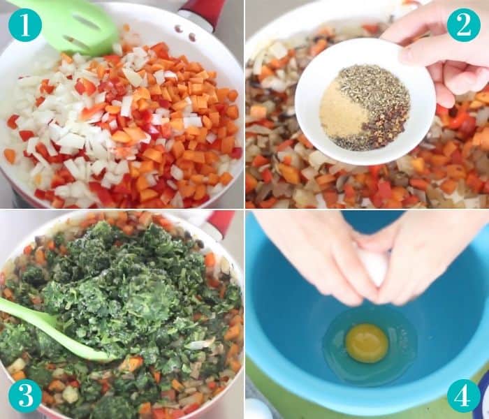 four photo collage with peppers, carrots, and onions being sauteed in a skillet, second photo is of a bowl of spices about to be added to the veggies, the third photo is spinach added to skillet, and fourth photo is hands cracking eggs into a blue bowl