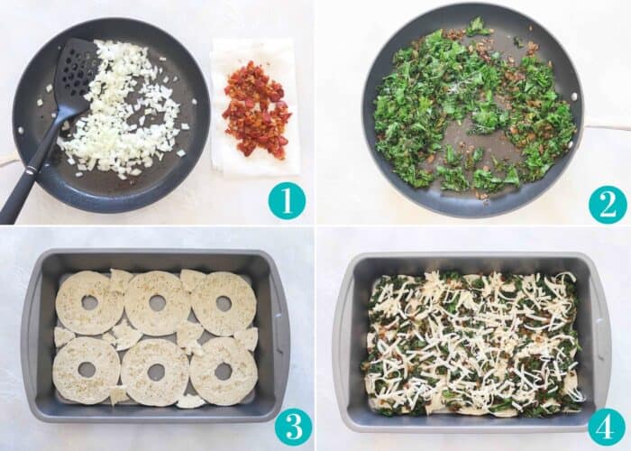 collage of photos with onion sauteing in a skillet next to a pile of bacon, a skillet with cooked kale, a baking dish with bagels, and a baking dish with bagels covered in cheese and kale