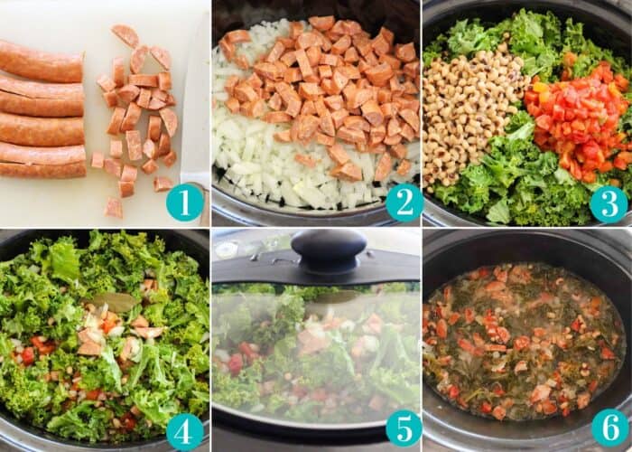 collage of photos with the first photo of a white cutting board with chopped sausage and a knife, second photo is diced onion and chopped sausage in a slow cooker, third photo is kale, beans, and tomatoes in a slow cooker, fourth photo is kale, beans, and tomatoes stirred together in a slow cooker, fifth photo is a slow cooker with the top on, sixth photo is a cooked soup in the slow cooker