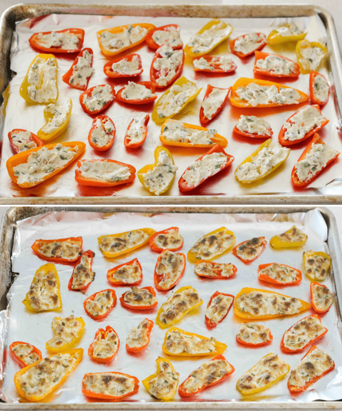two images with cream cheese stuffed bell peppers on a baking sheet lined with foil. the top photo is before baking, the second photo is after baking