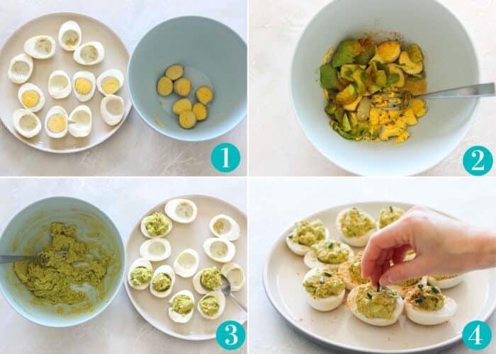 four photo collage with sliced egg whites and a bowl of egg yolks; avocado and egg yolks being mashed together in a bowl; mashed avocado and yolk mixture being added to egg whites; hand placing chopped green onions on deviled eggs