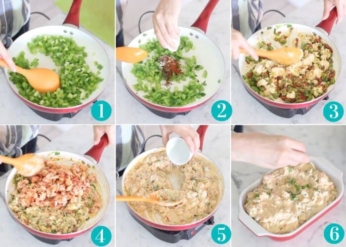 six photo collage with bell peppers being sauteed, spices added, cream cheese stirred in, crawfish added, water added, and dip in a serving dish being sprinkled with cilantro