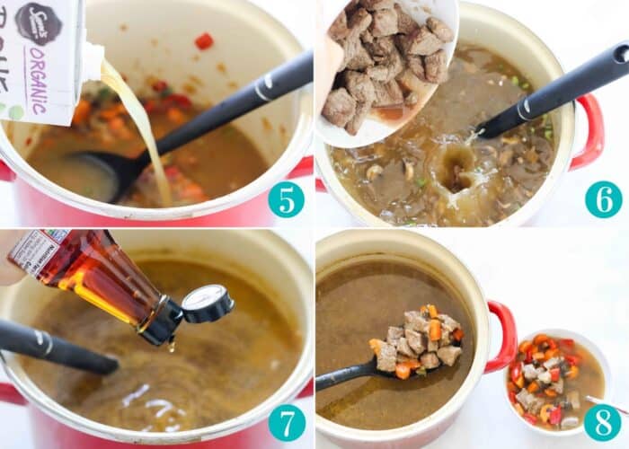 box of bone broth being poured into a red soup pot; beef being poured into red soup pot with black spoon; fish sauce being added to a soup pot from the bottle; red soup pot with black spoon full of beef and veggies next to a bowl of soup