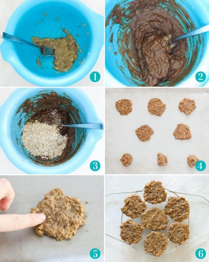 collage with blue bowl with mashed bananas, bananas and almond butter, oats in banana mixture, dough on baking sheet, finger touching cookies, cookies on cooling rack