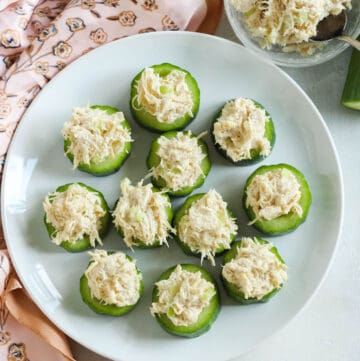 white plate of cucumber chicken salad bites