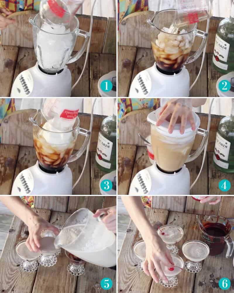 collage of a blender making a frozen drink with ice, alcohol, and ice cream; then the drink being poured into cups