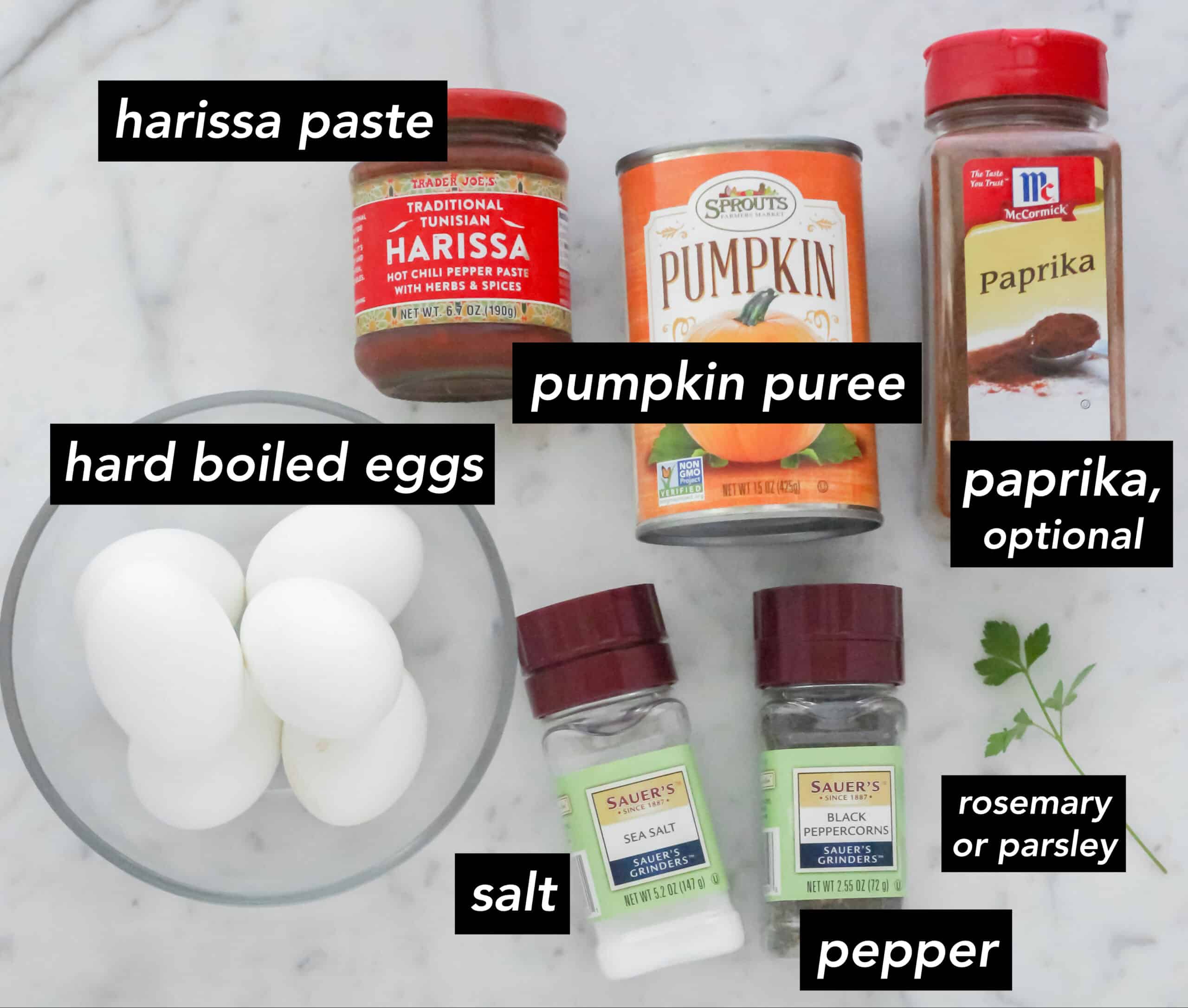 hard boiled eggs, harissa paste, pumpkin puree, paprika, salt, pepper, and parsley