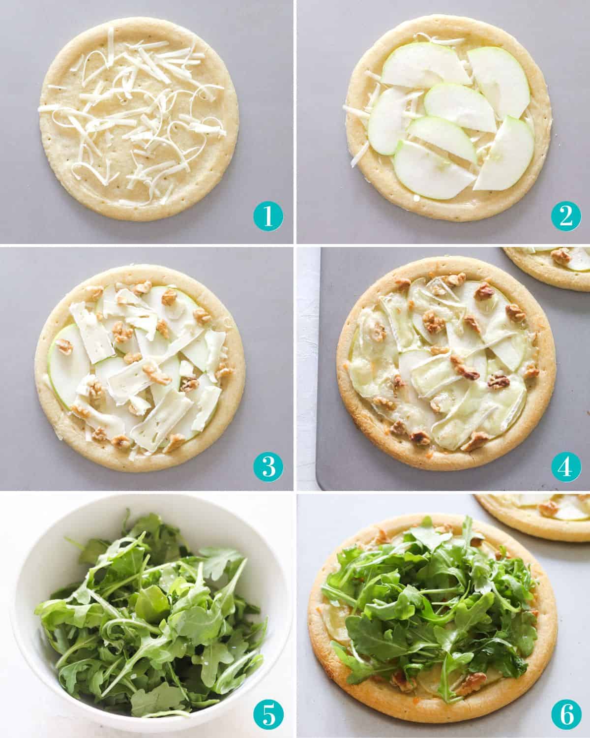 collage with six photos of pizza crust topped with cheese, then topped with apple slices, then topped with brie and walnuts, then baked, then a bowl with arugula, then the pizza crust topped with arugula
