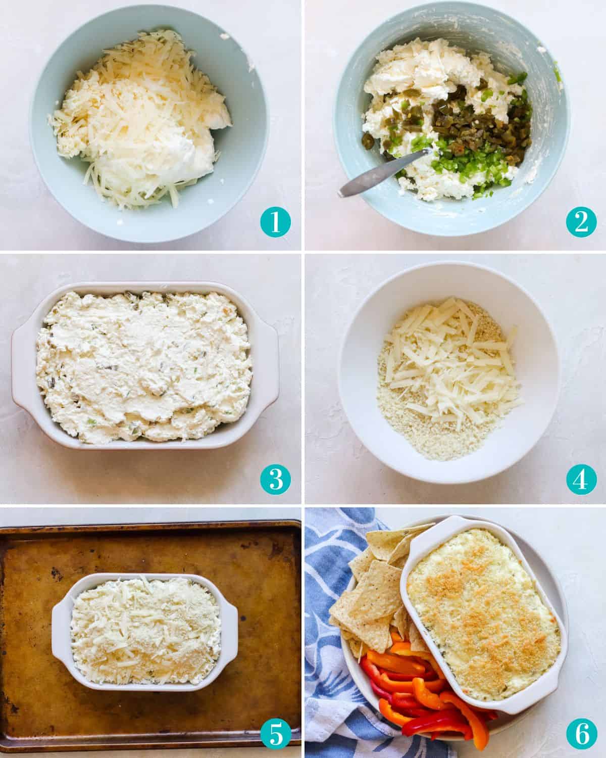 collage of six photos with a bowl filled with cheese, the cheeses mixed together topped with jalapenos, the mixture in a baking dish, the dip in the baking dish topped with bread crumbs and cheese, the topped dip on a baking sheet, the dish dip served on a plate with tortilla chips and bell pepper slices