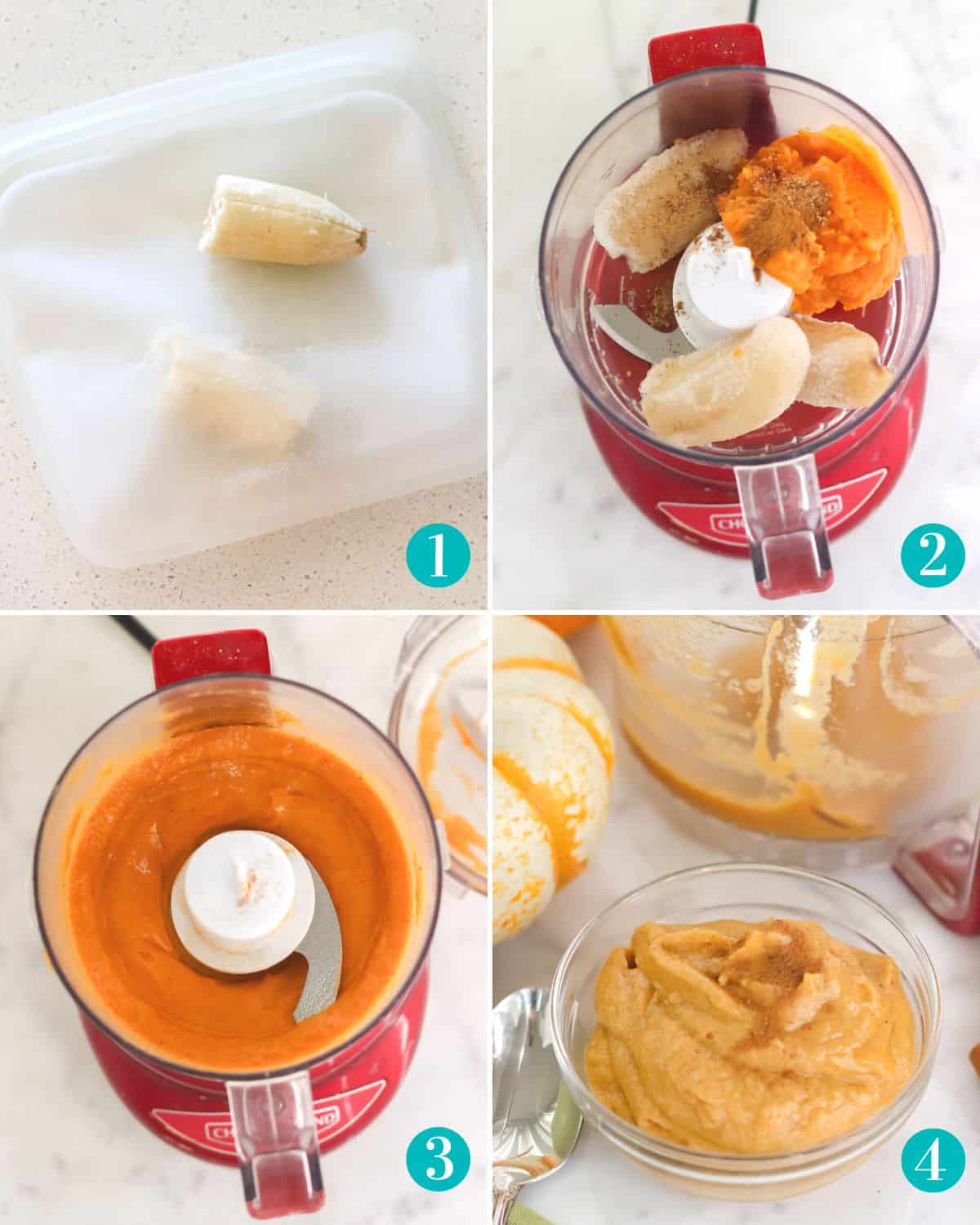 collage of four photos with a frozen banana on a white counter; a red mini food processor with frozen banana, pumpkin, and cinnamon; the pumpkin banana mixture blended in the red food processor; a clear bowl with pumpkin banana ice cream