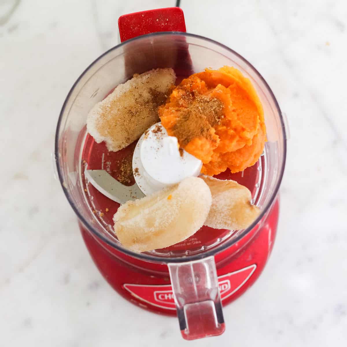 mini food processor with frozen banana, spices, pumpkin puree