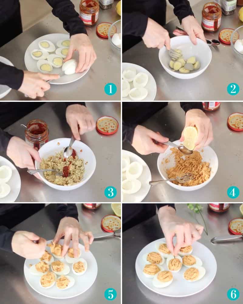 collage of six photos with hands slicing hard boiled eggs, smashing egg yolks in a bowl, stirring pumpkin and harissa into egg yolks, adding lemon juice to egg yolks, filling egg yolks into egg whites, and a hand placing rosemary onto deviled eggs