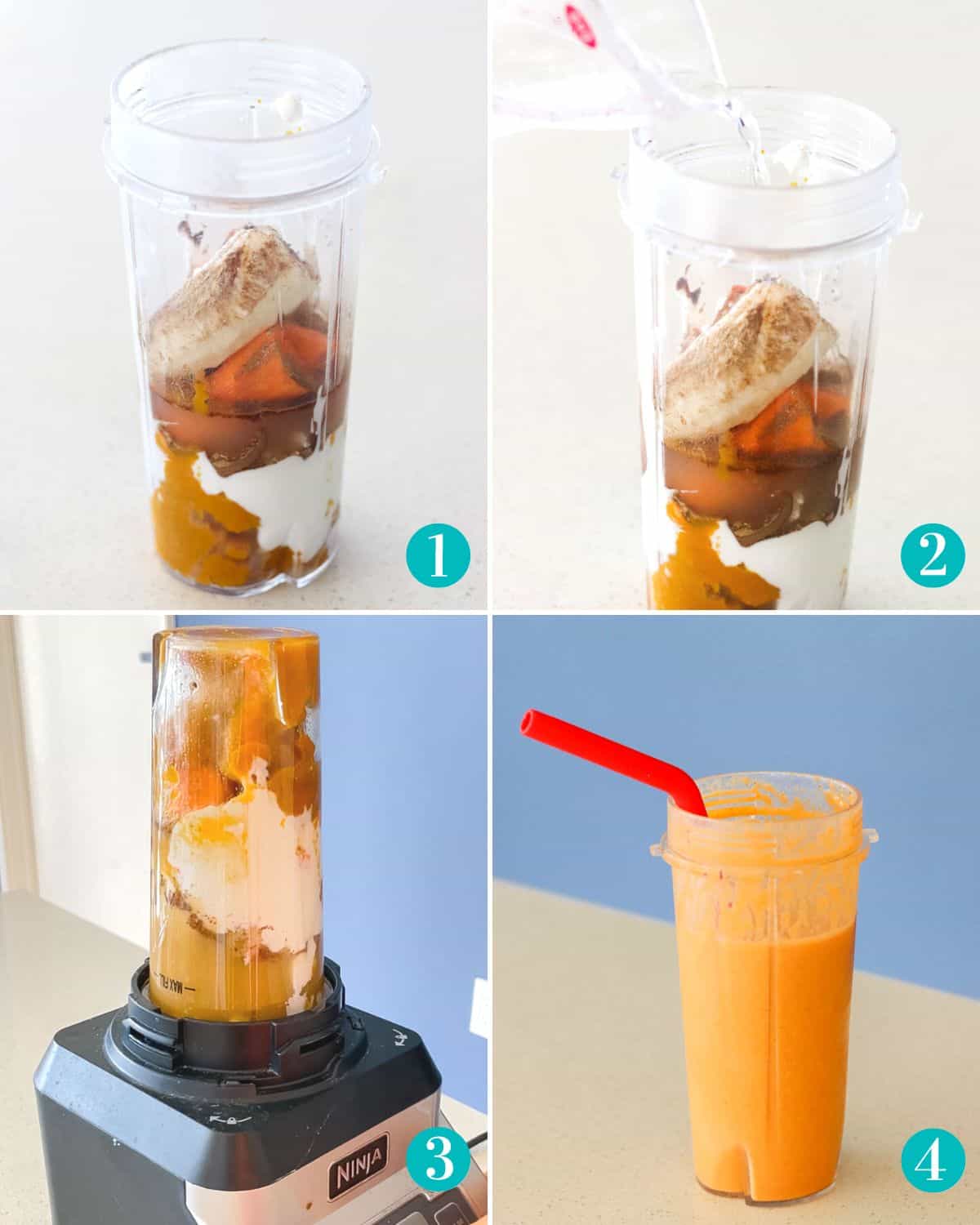 collage with a smoothie cup filled with banana, spices, pumpkin, and yogurt; water pouring into the cup; the cup on top of a blender ready to blend; a red straw in the smoothie cup on a counter