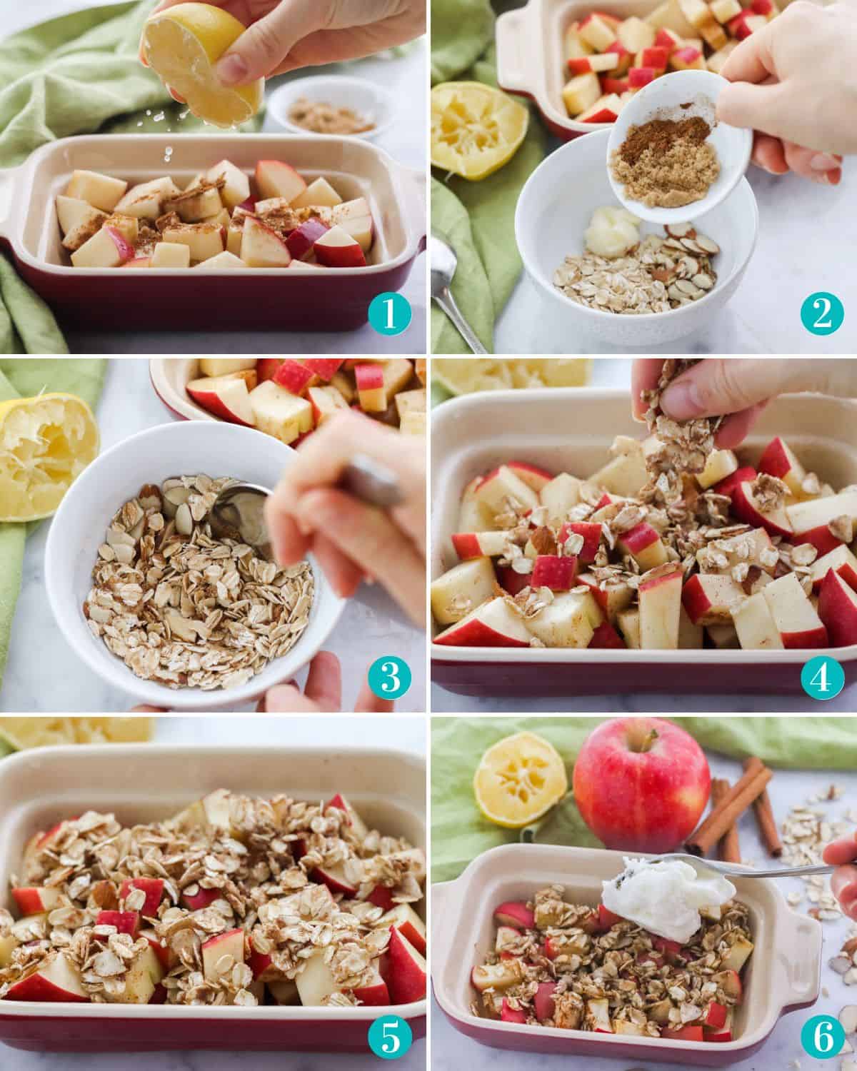 collage of six photos with lemon being squeezed over apples; hand adding a small bowl of brown sugar and cinnamon to oats in a white bowl; hand stirring oats with cinnamon and brown sugar; hand sprinkling oats over apples; apples covered with oats in a small red baking dish; apples after microwaving in baking dish with spoon of ice cream going on top