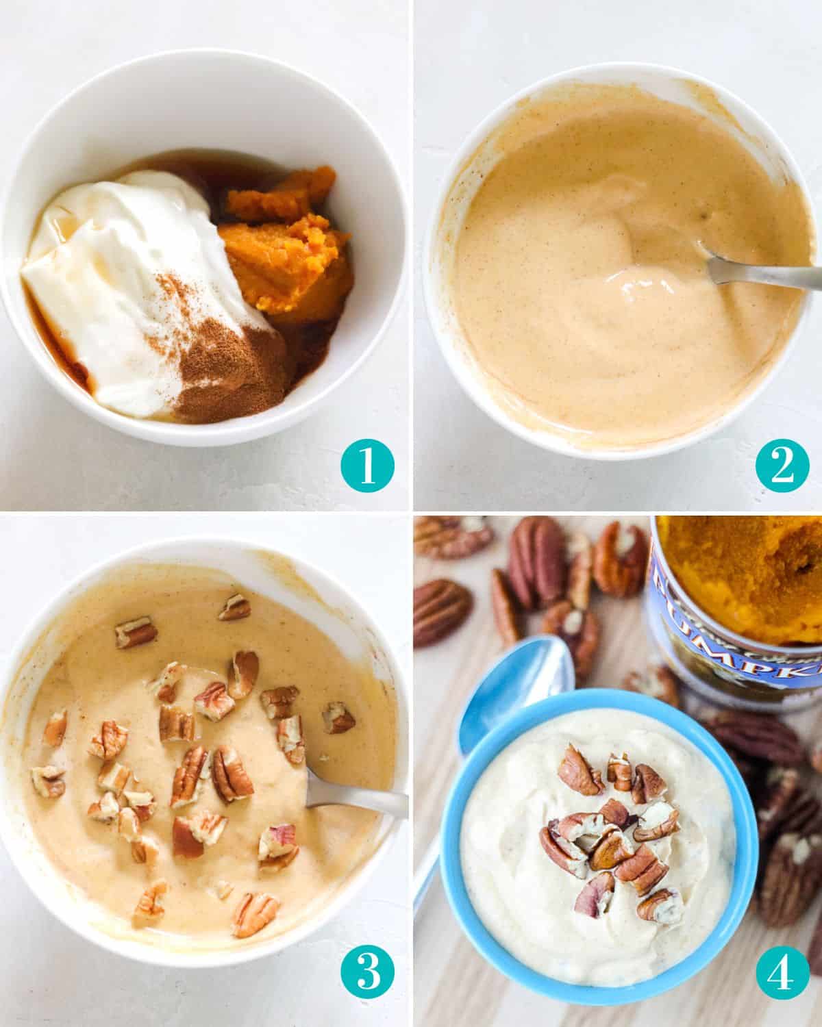 collage of photos with a white bowl filled with pumpkin puree, yogurt, cinnamon, maple syrup; pumpkin yogurt stirred together in a white bowl; pumpkin yogurt topped with pecans in a white bowl; yogurt in blue bowl topped with pecans