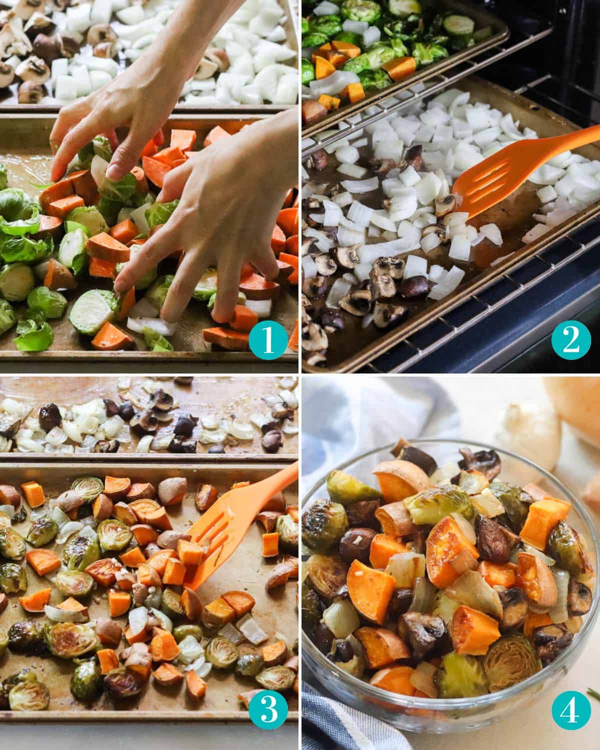 collage of photos with hands tossing vegetables on a baking sheet; orange spatula stirring the vegetables in the oven; orange spatula stirring vegetables and garlic on baking sheet on the counter; bowl of roasted veggies