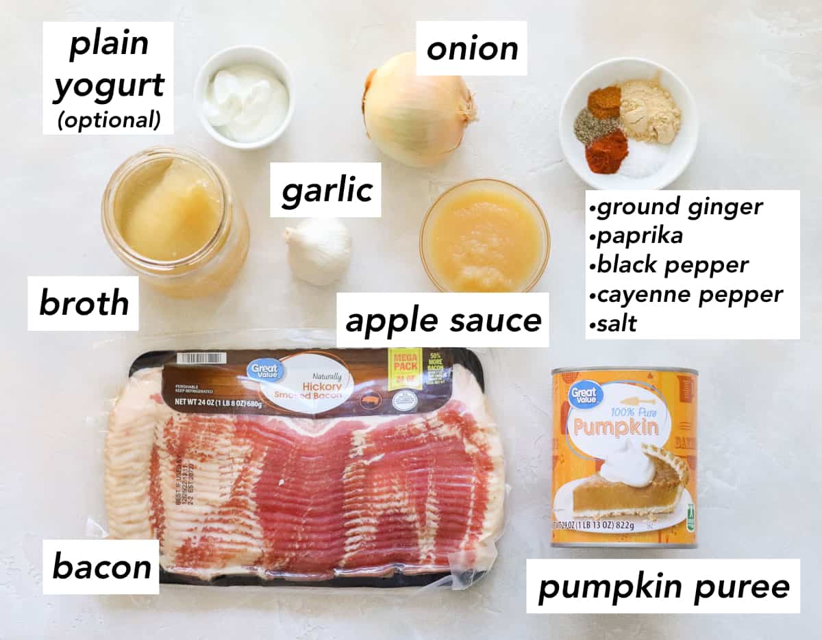 bowl of yogurt, jar of broth, package of bacon, can of pumpkin puree, head of garlic, onion, bowl of applesauce, bowl of spices