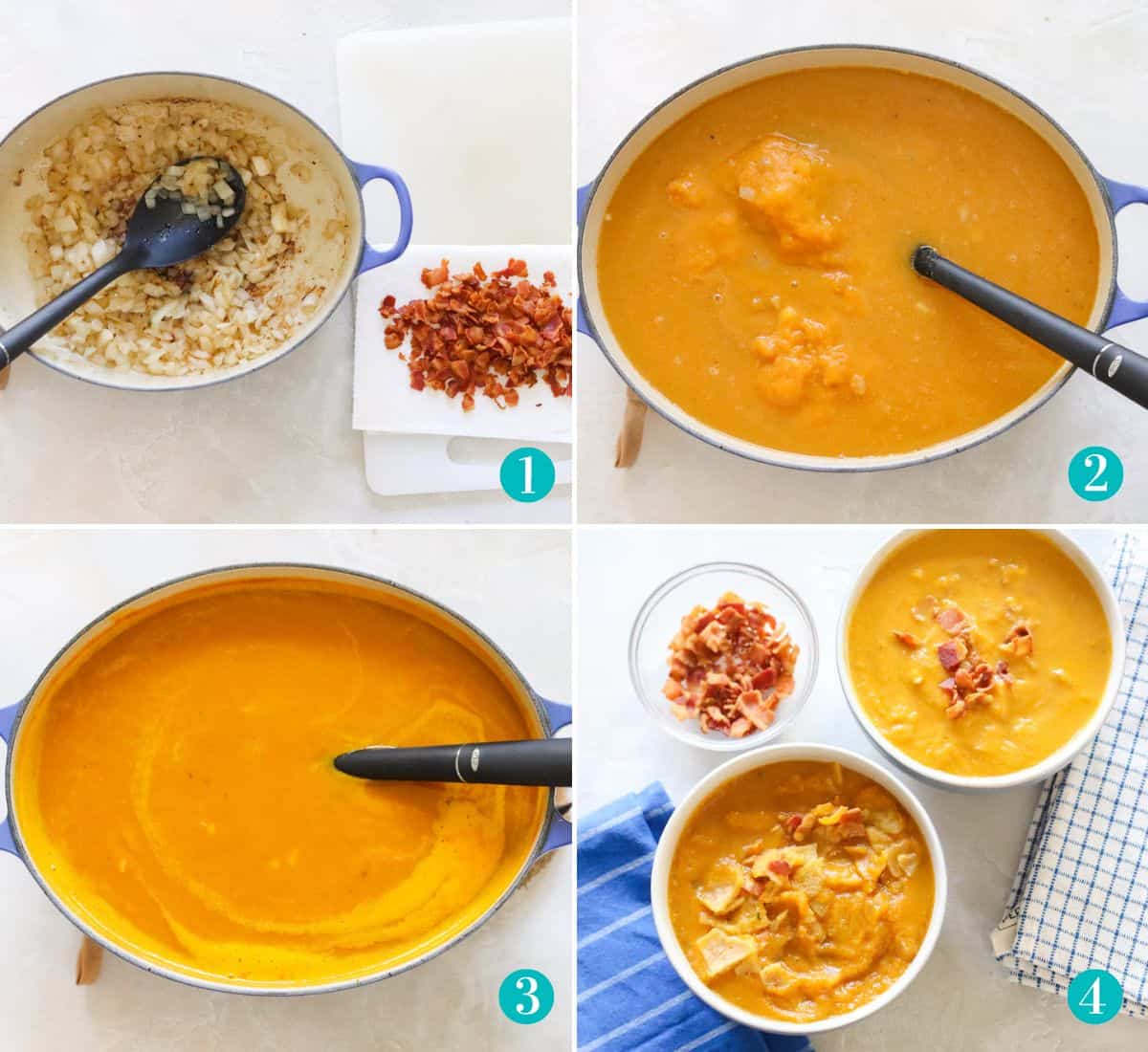 collage with bacon on paper towel next to a pot with sauteed onions; the soup pot full of pumpkin soup ingredients; boiled pumpkin soup in the pot; two bowls of pumpkin soup with a small bowl of bacon