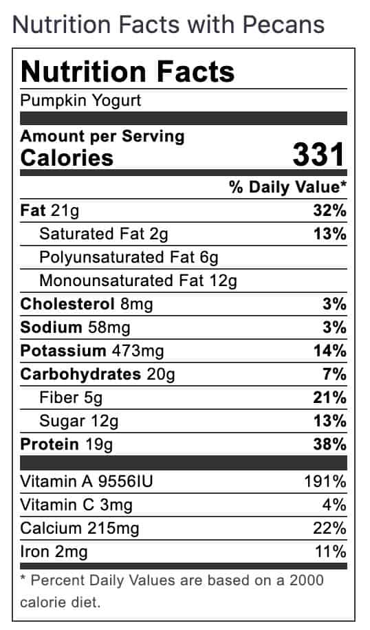 nutrition facts label for pumpkin yogurt with pecans with 331 calories, 21 grams fat, 20 grams carbs, 5 grams fiber, 19 grams protein
