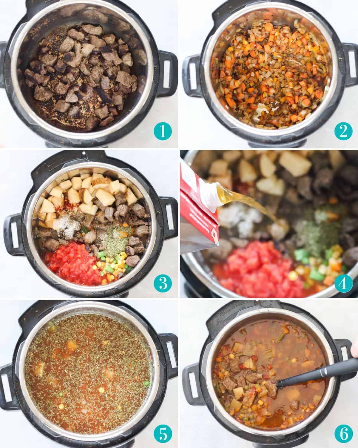 collage with six photos of beef cooking in instant pot, vegetables sauteed in instant pot, potatoes and veggies in pot, broth being poured into pot, soup ingredients in instant pot before cooking, and soup after cooking with a black spoon stirring soup