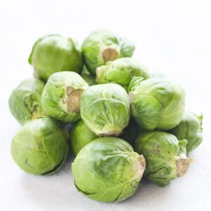 zoomed in pile of fresh Brussels sprouts