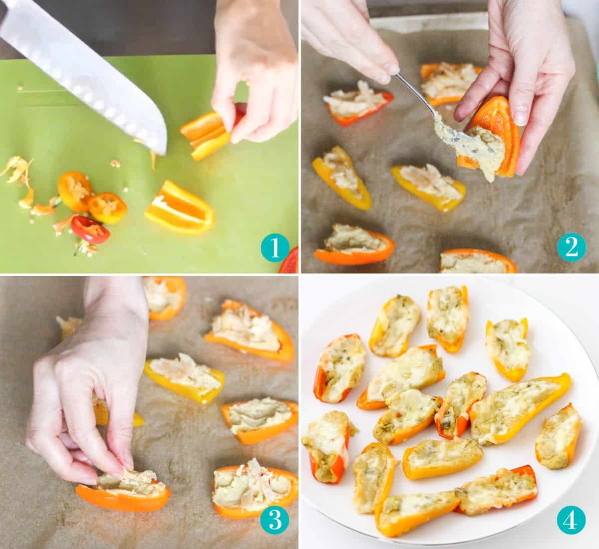four photo collage with knife slicing mini bell pepper, hand putting hummus on a bell pepper half with spoon, hand sprinkling cheese on top, white plate with baked hummus filled mini peppers topped with cheese