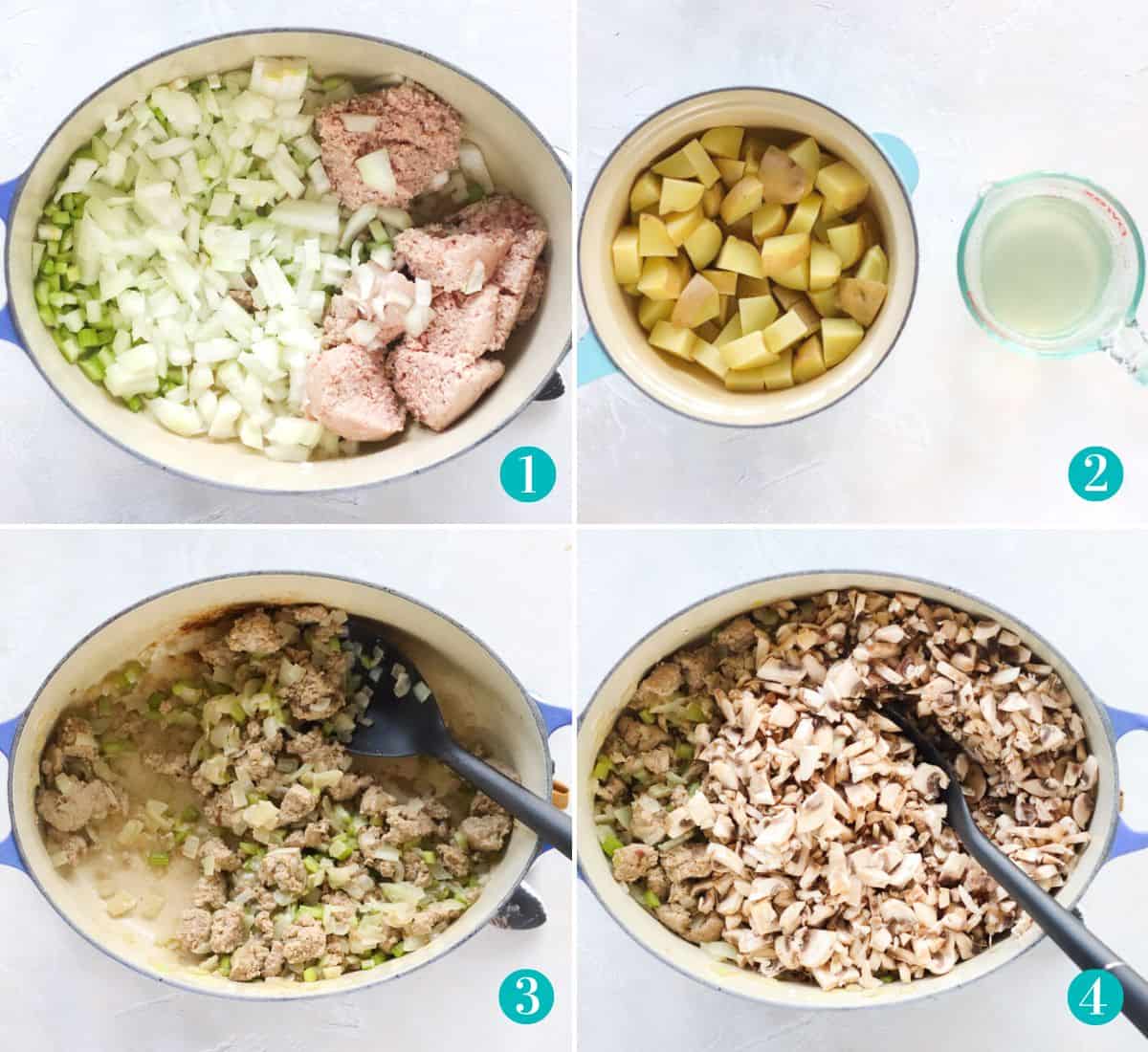 four photo collage with a dark blue pot cooking ground turkey, onions, celery, and mushrooms plus a light blue pot full of boiled potatoes and a measuring glass with cooking water