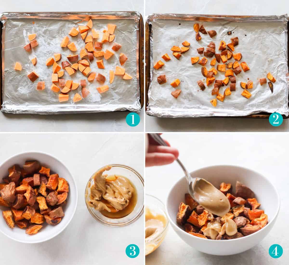 four photo collage with a foil-lined baking sheet with sweet potatoes before baking then after baking, roasted sweet potatoes in a bowl next to peanut butter and maple syrup in a bowl, then a spoon drizzling the peanut butter over the potatoes