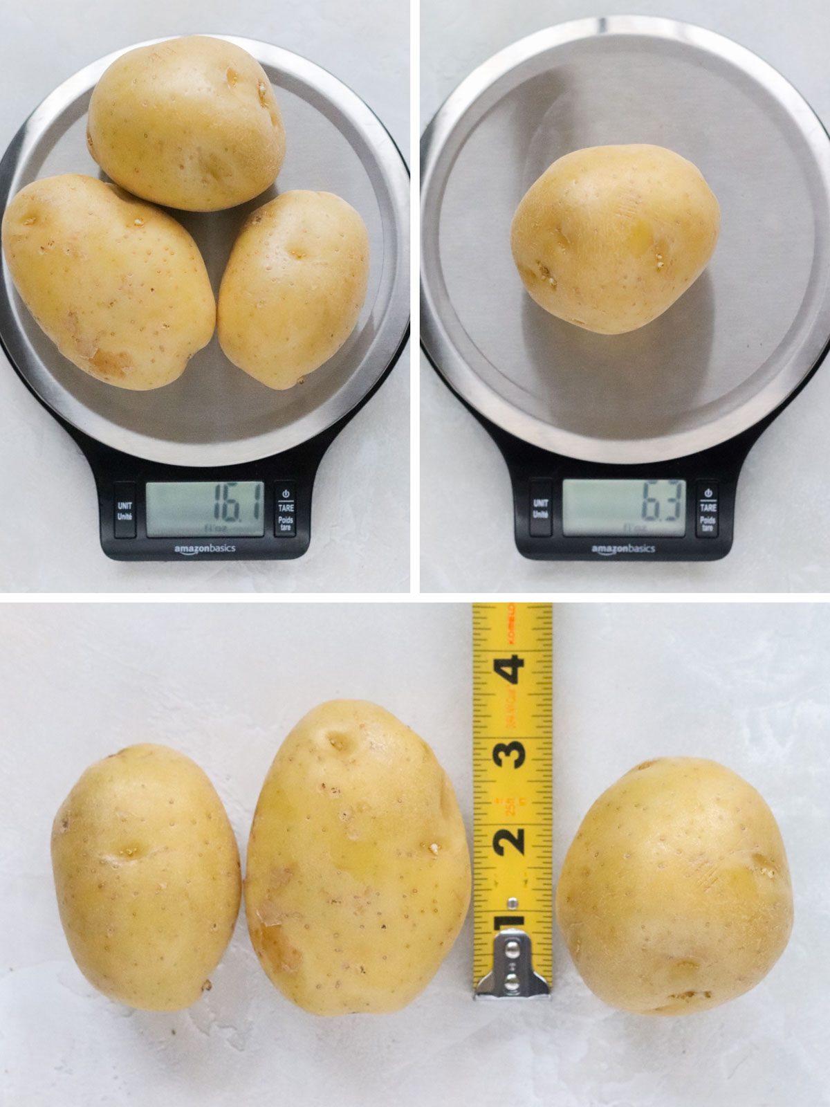 collage with 3 yellow potatoes on a scale that reads 16.1 ounces, one yellow potato on a scale that reads 6.3 ounces, and the 3 potatoes next to a measuring tape