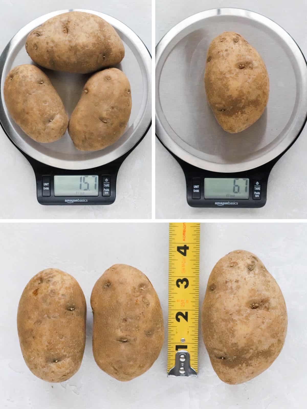 3 photo collage with three russet potatoes on a scale that reads 15.7 ounces, one potato on a scale that reads 6.7 ounces, and the three potatoes next to a measuring tape