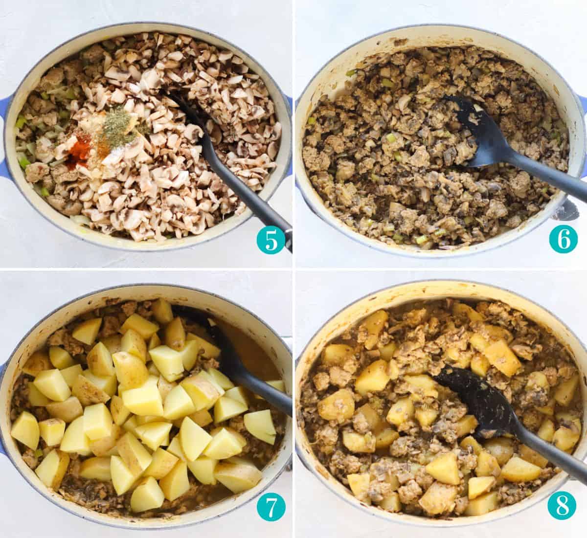 four photo collage with a blue pot full of mushrooms, ground turkey, and spices being cooked then adding boiled potatoes