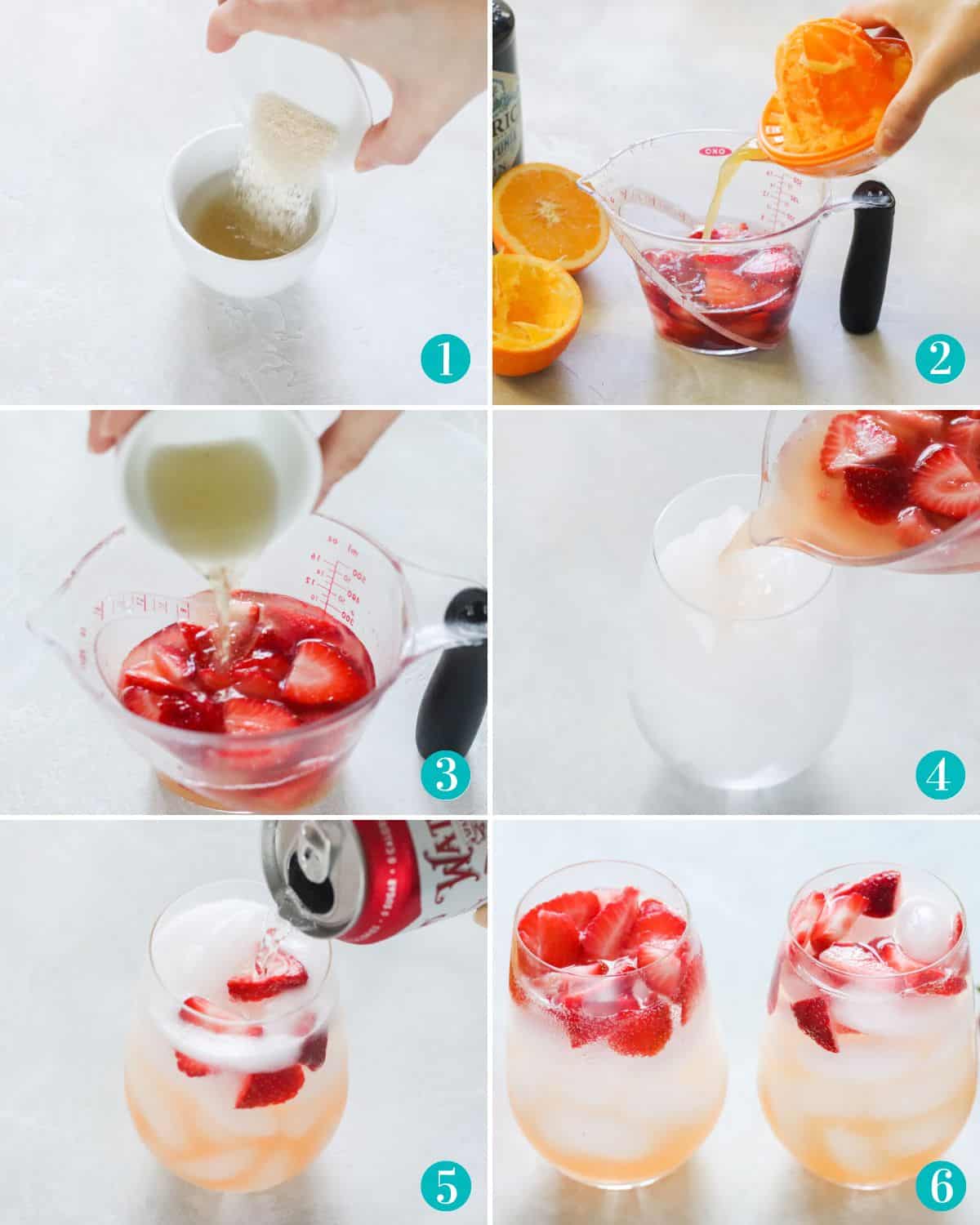 six photo collage of sugar being poured into a small bowl of water, then a measuring cup full of strawberries, gin and oranges with orange juice being poured in, then the sugar water being poured into the strawberries, then the mixture being poured into a glass with ice, then topping it off with strawberry sparkling water, then two glasses of gin fizz ready to enjoy