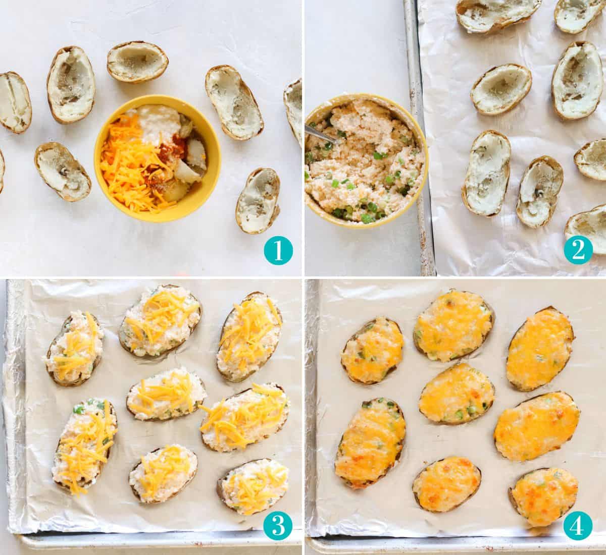 four photo collage with yellow bowl full of cheeses and potatoes surrounded by potato skins, potato skins on baking sheet next to bowl of mashed potato and cheese, baking sheet with twice baked potatoes before baking, baking sheet with twice baked potatoes after baking