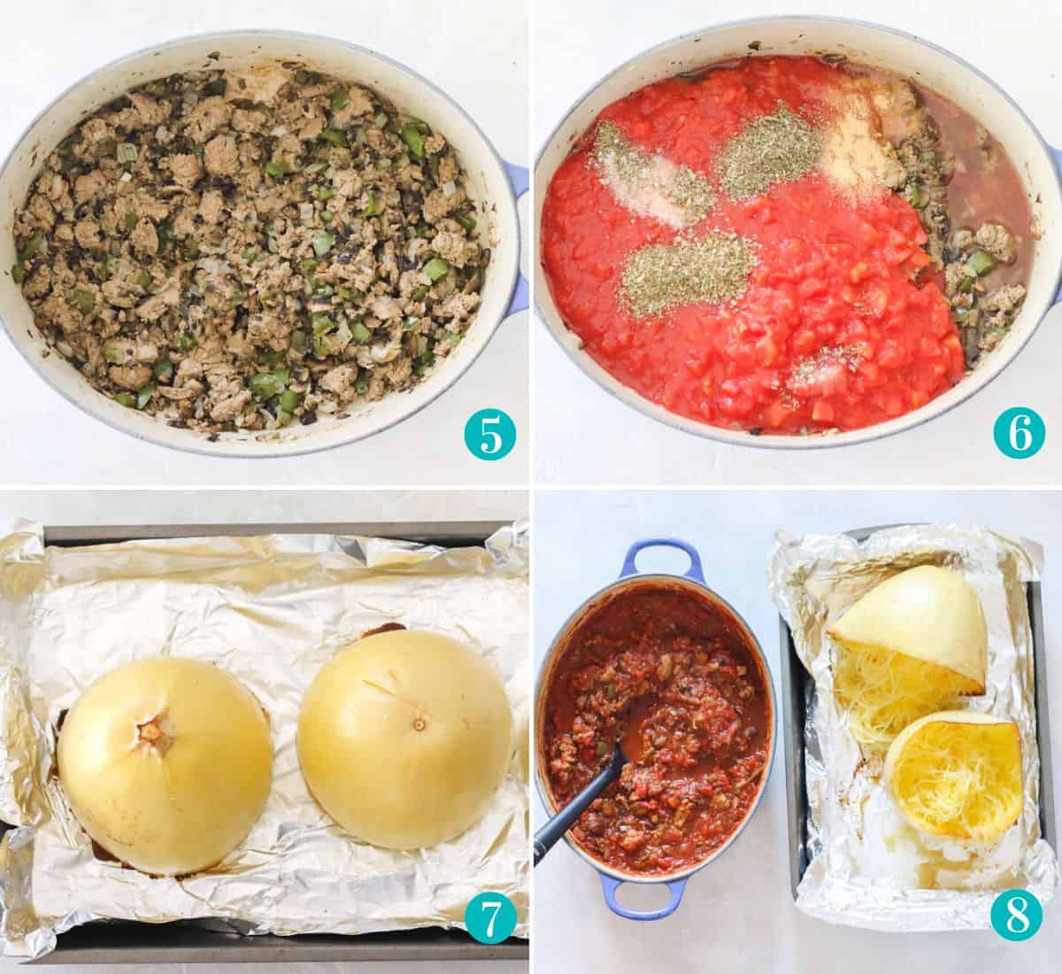 four photo collage with a blue pot of turkey cooked with mushrooms and veggies; pot with tomatoes and spices added to turkey and veggies; baking sheet with cooked spaghetti squash cut in half; blue pot full of cooked turkey meat sauce next to spaghetti squash that has been shredded into strands