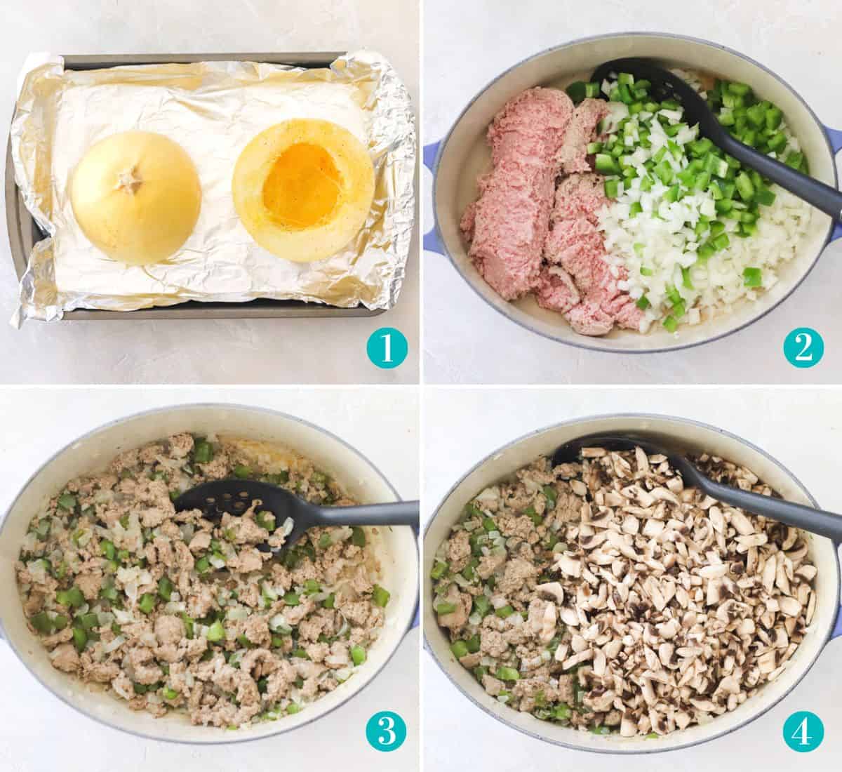 four photo collage with a baking sheet and spaghetti squash cut in half ready to go in oven; a blue pot with ground turkey plus bell peppers and onions; cooked veggies and turkey; mushrooms added to turkey and veggies