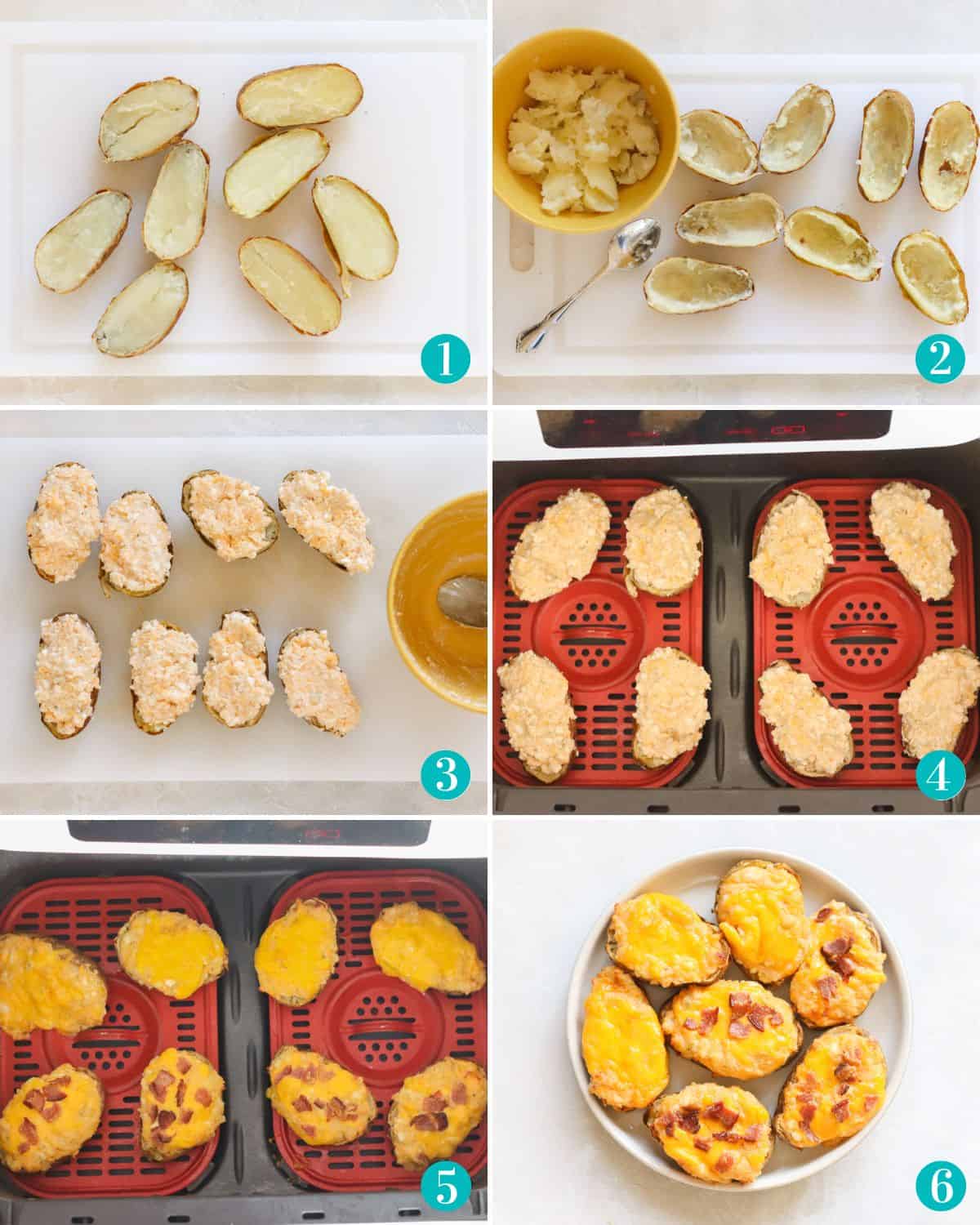 six photo collage of baked potatoes cut in half on a cutting board, potatoes scooped out on cutting board with a bowl of potato, potato halves filled with cheese potato mixture, potato halves in air fryer, baked twice baked potatoes in air fryer, plate of twice baked potatoes