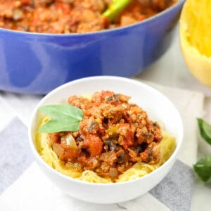 bowl of turkey meat sauce on spaghetti squash next to a pot of sauce, cooked spaghetti squash, and fresh basil