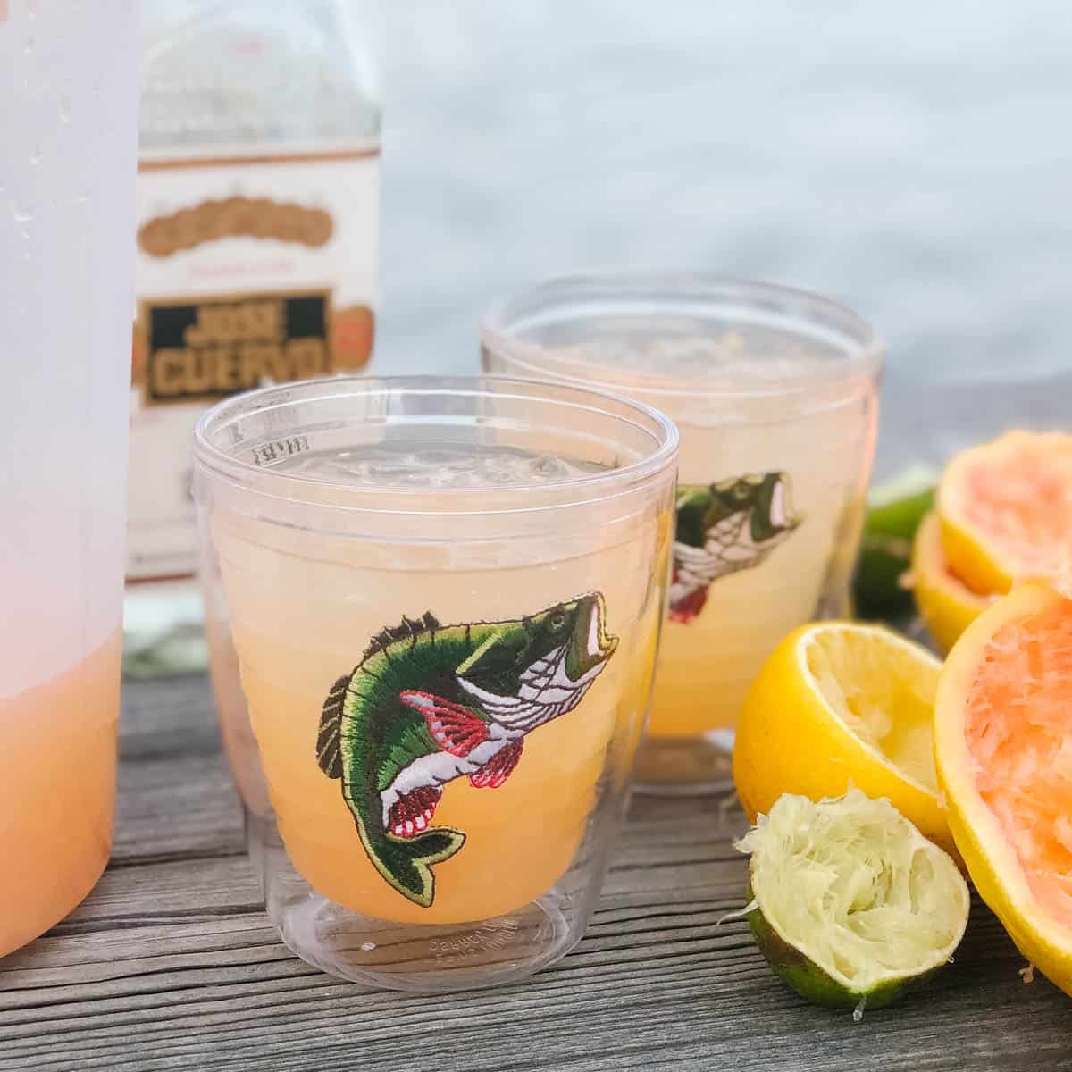 two plastic glasses with fish on them filled with grapefruit margaritas, next to lemon, lime, and grapefruits on a wooden table by the water.