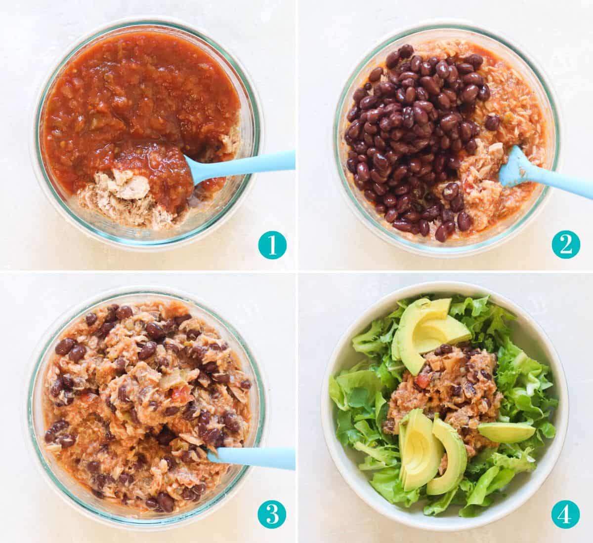 four photo collage with tuna and salsa in a glass bowl, black beans added to salsa and tuna, everything stirred together in the glass bowl, and a bowl with the tuna salsa salad topped lettuce and avocados.