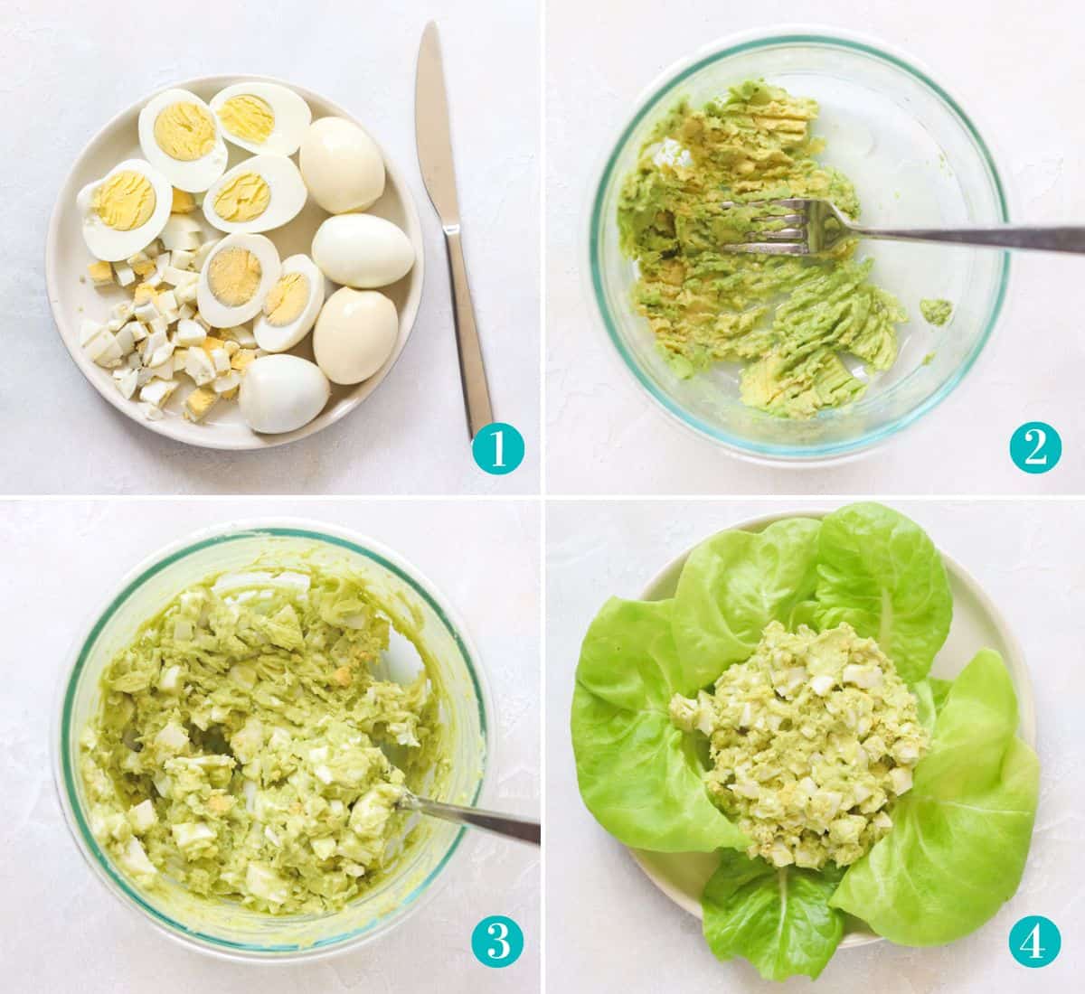four photo collage with hardboiled eggs chopped on a plate with a butter knife, avocado mashed in a glass bowl with a fork, eggs stirred into the bowl of mashed avocado, a white plate with lettuce and avocado egg salad.