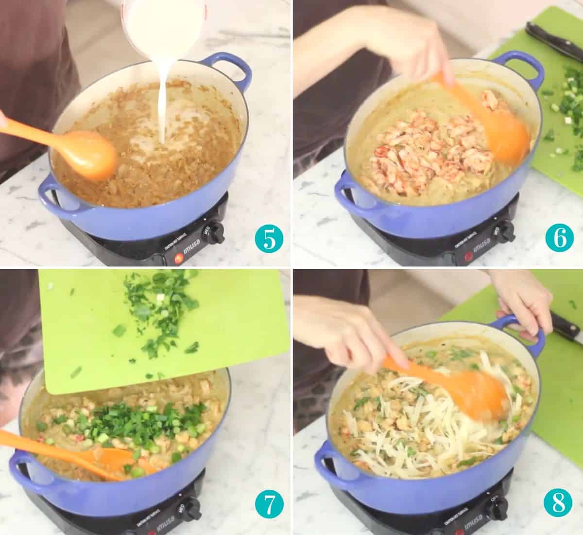 four photo collage with milk being stirred into a blue pot with veggies, crawfish being added to the pot, green onions and parsley being added to the pot, and cheese being added to the pot.